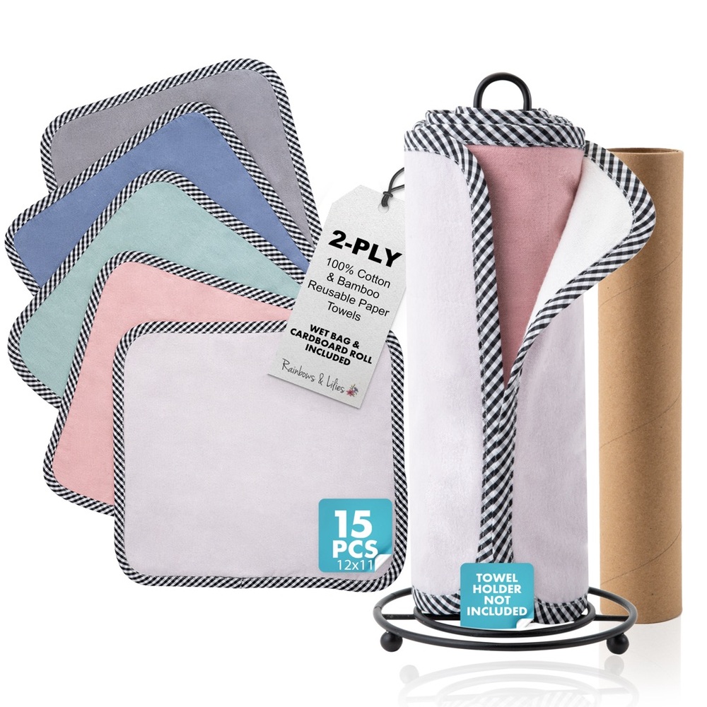 NWT - 15pc Reusable Paper Towels, Washable 2-Ply 100% Cotton Bamboo Paper Towels